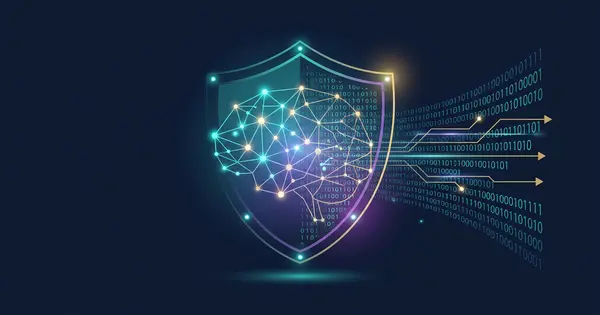 AI neural network with nodes connecting threat detection and automated defence systems