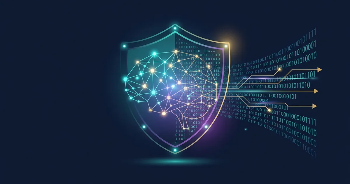 AI neural network with nodes connecting threat detection and automated defence systems