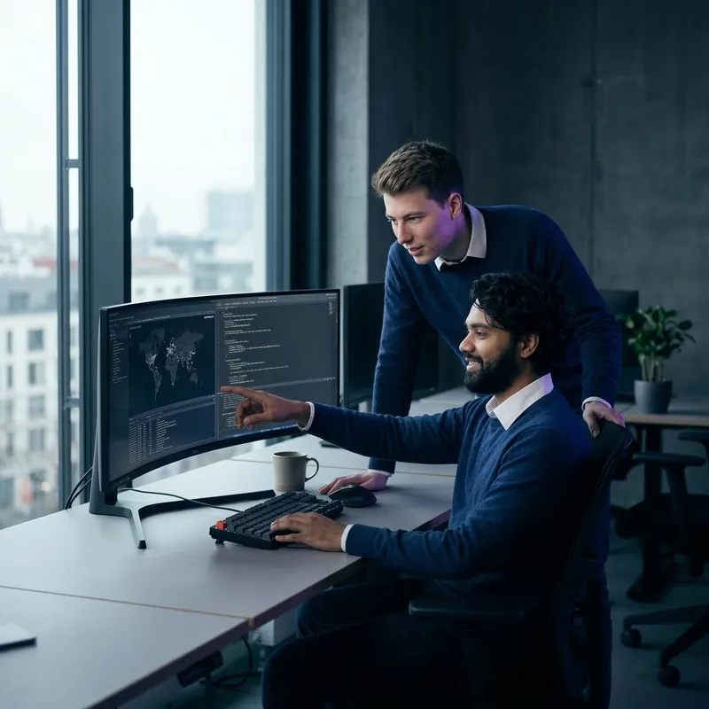 Two security experts collaborating on code at a workstation