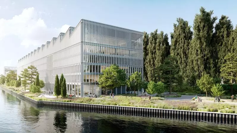 The SHED building on Heidelberger Strasse in Berlin-Neukoelln, aerial view from the canal